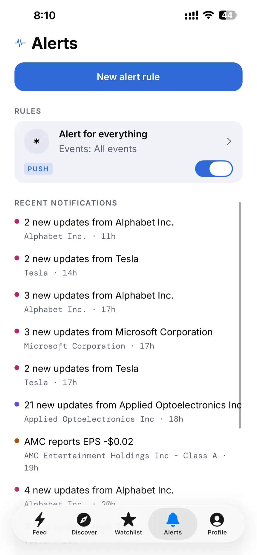 Signal alert rules and an earnings push notification