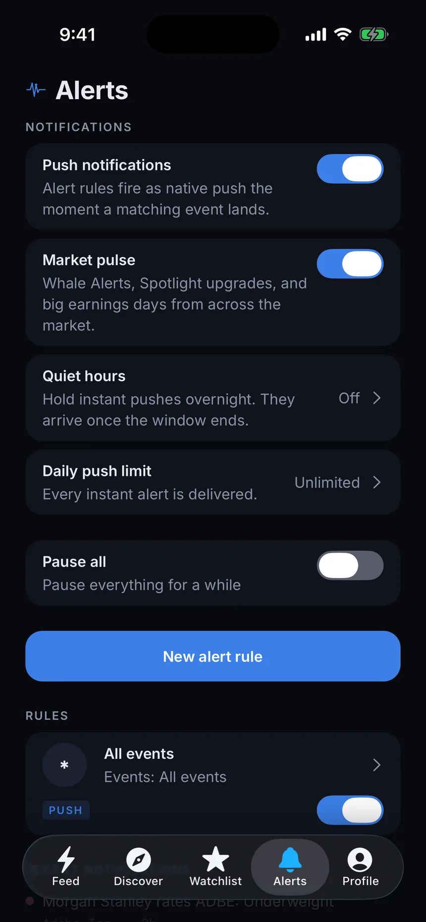 The GetSignal alerts screen with push notifications, quiet hours, a daily push limit and alert rules