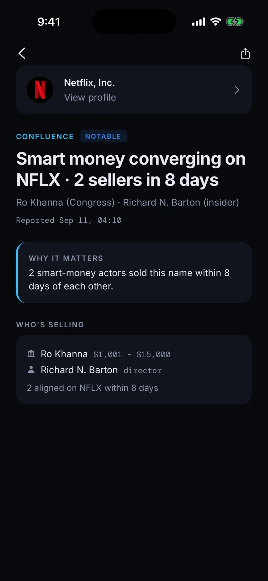 A GetSignal event showing two filers selling the same company within eight days, a member of Congress and a company director