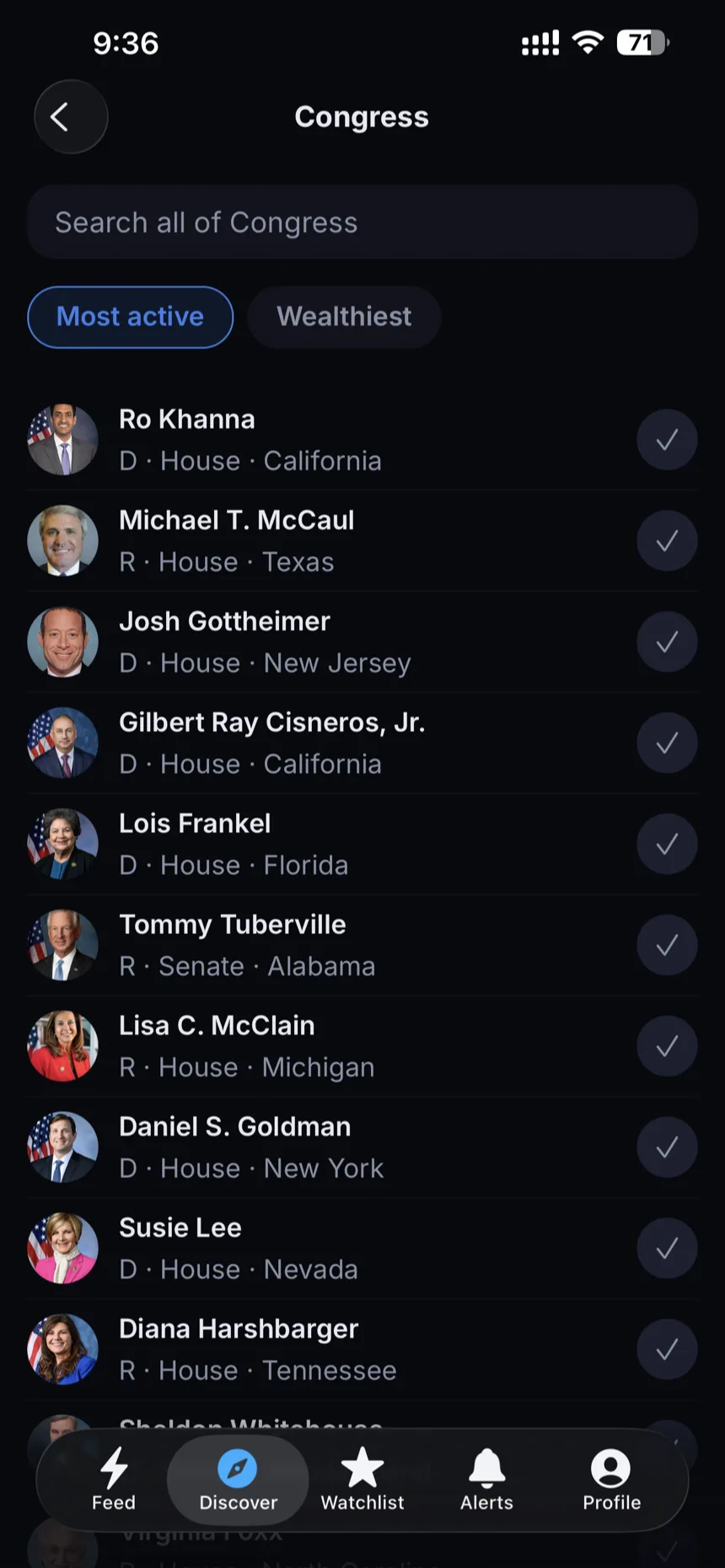 The Congress list in GetSignal, the most active traders first, each with a follow button