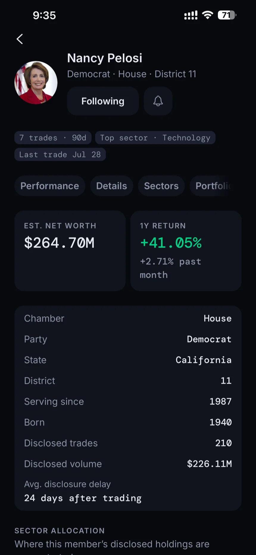 A Congress member profile in GetSignal with estimated net worth, an estimated 1-year return, disclosed trades and the average disclosure delay