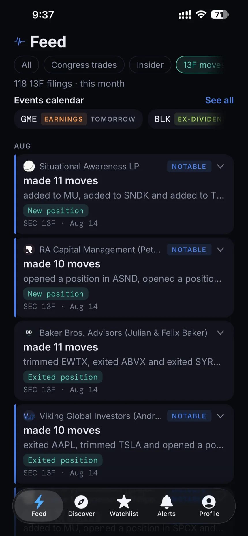 The GetSignal feed filtered to 13F moves, each fund's positions opened, added to, trimmed and exited