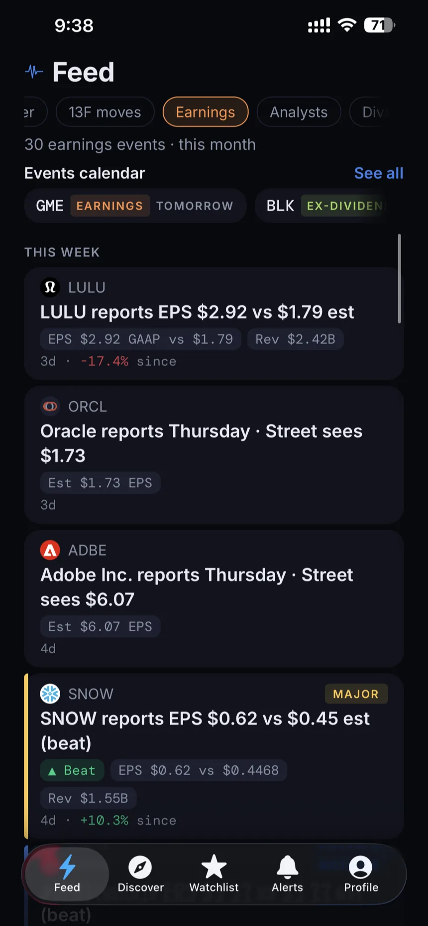 The GetSignal feed filtered to earnings, with reported results against the estimate and the report dates ahead