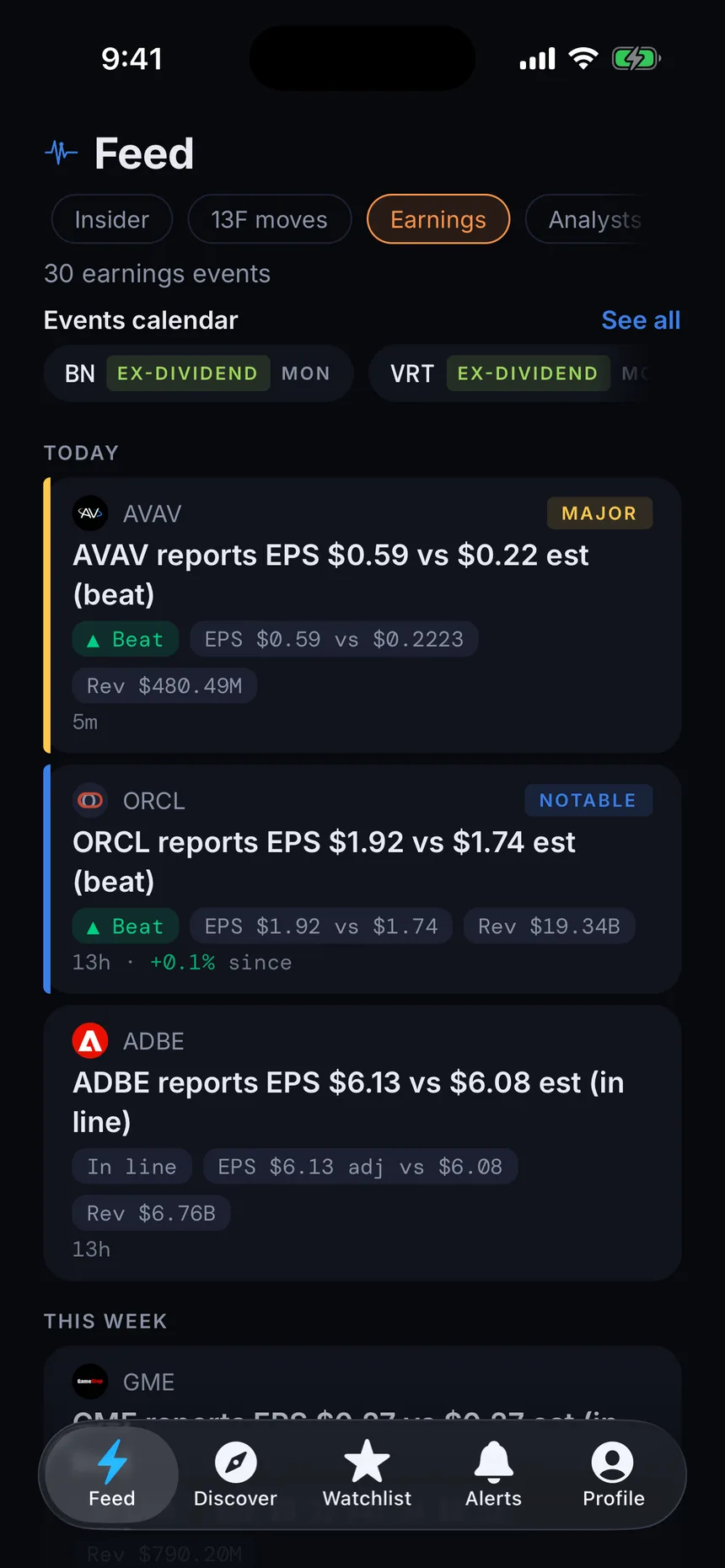 The GetSignal feed filtered to earnings, with reported earnings per share against the estimate labelled beat or in line