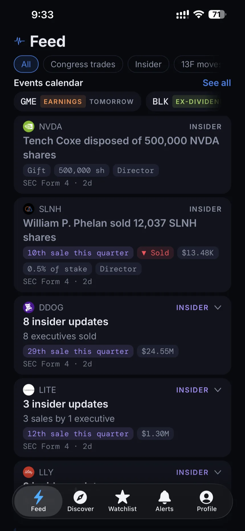 The GetSignal feed with insider filings: a director's gift of 500,000 shares, a tenth sale this quarter and clusters of executive sales