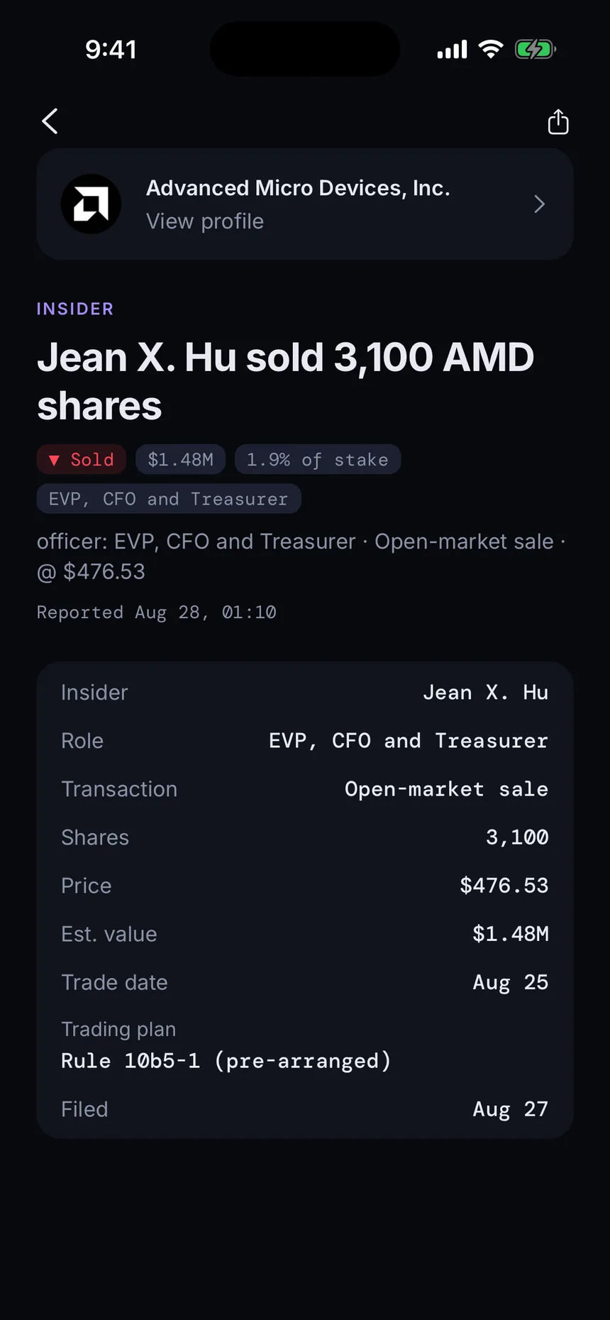An insider filing opened in the GetSignal app: the officer, the open-market sale, the shares, the price, the trade date, the Rule 10b5-1 plan and the filing date.