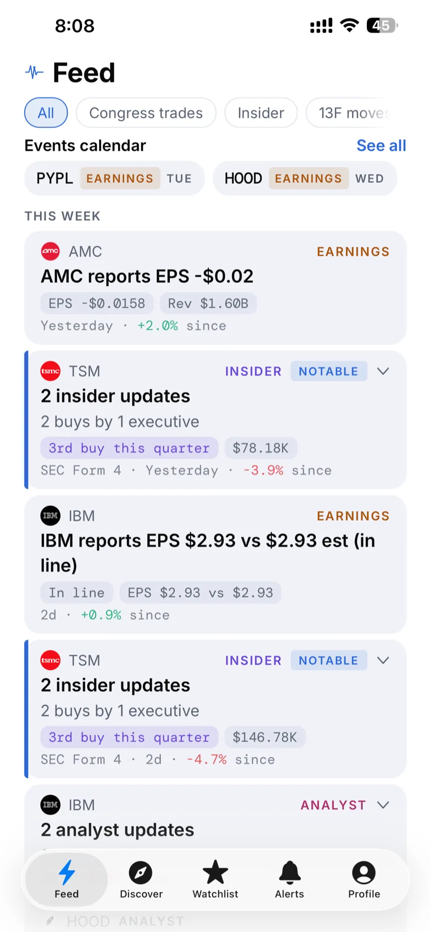 The Signal feed showing earnings results alongside other disclosure events