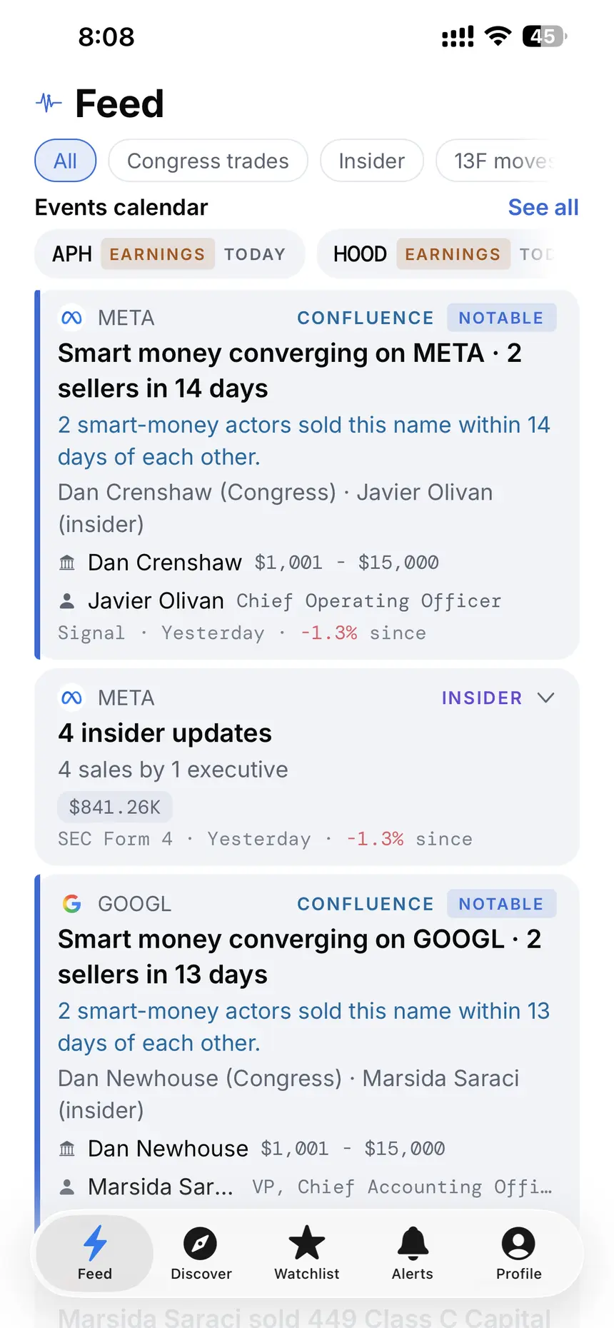 The GetSignal feed showing smart money converging on META and GOOGL, with a member of Congress and a corporate insider selling within days of each other