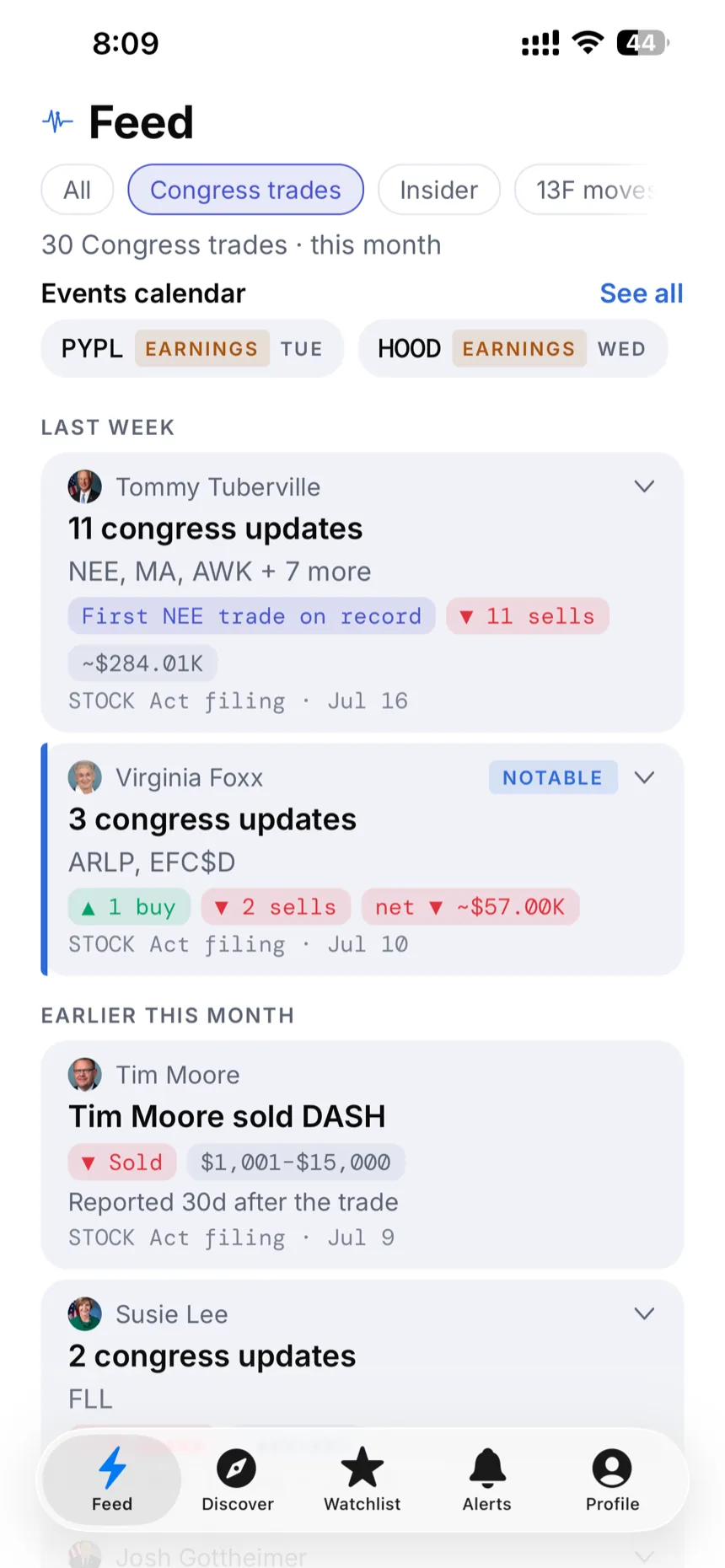 The Signal feed filtered to Congress trades, showing STOCK Act disclosures with their filing delay