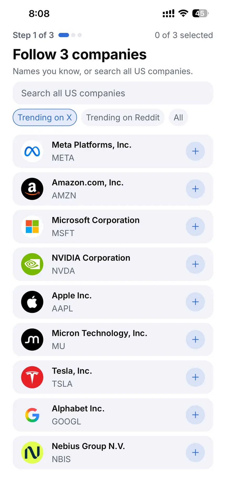 Setting up GetSignal by choosing companies to follow, with Meta, Amazon, Microsoft, NVIDIA and Apple listed